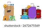 Travel concept with luggage, camera, hat, and map. Summer vacation baggage set with essential items for holiday trip. Flat vector illustration.