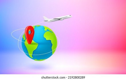 Travel concept with map pin, aircraft and the Earth. 3d vector banner with copy space