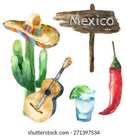 Travel Concept Mexico Landmark Watercolor Icons Design .Vector Illustration.