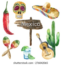 Travel Concept Mexico Landmark Watercolor Icons Design .Vector Illustration.