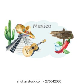 Travel Concept Mexico Landmark Watercolor Icons Design .Vector Illustration.