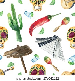 Travel Concept Mexico Landmark Watercolor Seamless Pattern .Vector Illustration.