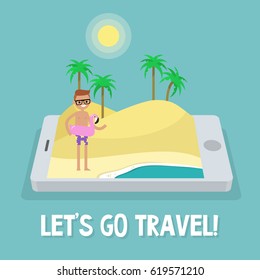 Travel concept. Mobile application. Augmented reality: young character standing on the sand near by the ocean. Flat editable vector illustration, clip art