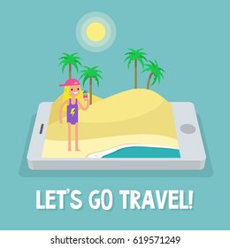 Travel concept. Mobile application. Augmented reality: young female character standing on the sand near by the ocean. Flat editable vector illustration, clip art