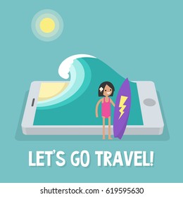 Travel concept. Mobile application. Augmented reality: young female character holding a surfboard near by the ocean. Flat editable vector illustration, clip art
