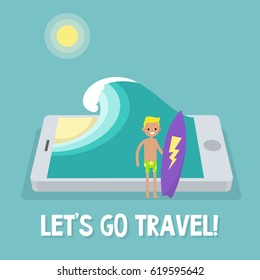 Travel concept. Mobile application. Augmented reality: young male character holding a surfboard near by the ocean. Flat editable vector illustration, clip art