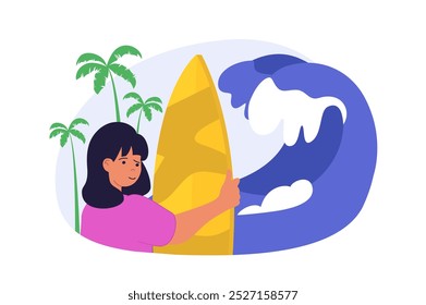 Conceito de viagem em design plano moderno para web. Mulher com prancha de surfe indo para férias de verão para ilha tropical por mar ou oceano com ondas altas para repouso ativo com surfe. Ilustração vetorial.