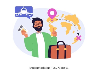 Conceito de viagem em design plano moderno para web. Homem com bagagem e bilhete de voo indo para viagem de férias, embarque para avião e voar em turnê com locais rota no mapa. Ilustração vetorial.