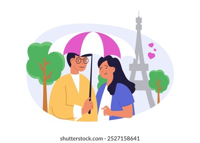 Travel concept in modern flat design for web. Woman and man going in romantic trip to Paris, sightseeing French landmark architecture, enjoying honeymoon vacation in Europa. Vector illustration.