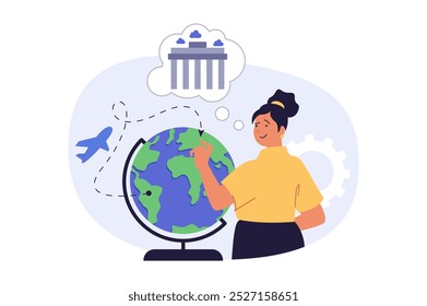 Travel concept in modern flat design for web. Woman going to vacation journey by airline transportation, planning her trip with locations route at globe in Europa landmark tour. Vector illustration.