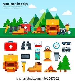 Travel concept. Mountain trip. Banners set with climbing equipment and things hiking on background mountains and isolated. For web, applications, banners, corporate brochures, book covers, layouts 