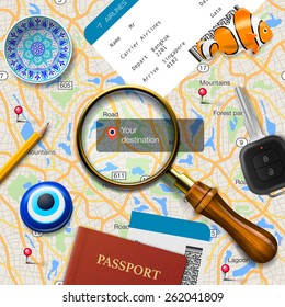 Travel concept. Navigation - you are here. International passport, boarding pass, tickets, magnets and key on the map background, vector illustration.
