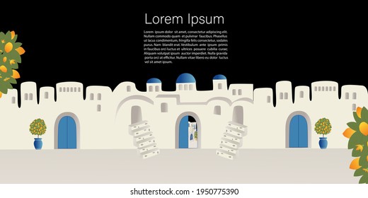 Travel concept. Night old town, abstract place, village  in Santorini, Spain, Greece and Italy. Banner, template for a website with text. Travel Vector illustrations and design