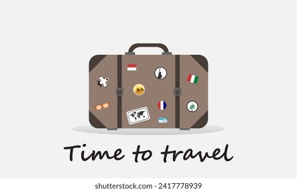 Travel concept with old vintage leather suitcase with travel stickers. Time to travel. Vector illustration.