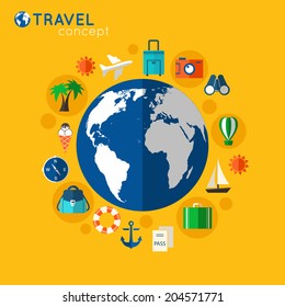 Travel concept on orange background with big blue globe with tourism vacation service icons vector illustration