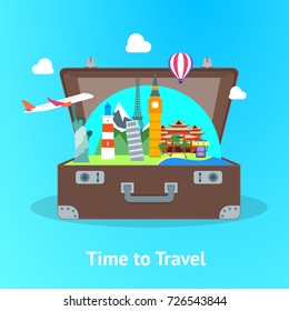 Travel Concept with Open Suitcase Card Poster Flat Style Design Symbol of Holiday and Vacation Landmarks of World. Vector illustration