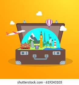 Travel Concept with Open Suitcase Flat Style Design Symbol of Holiday and Vacation Landmarks of World. Vector illustration