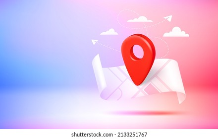 Travel concept with paper map. 3d vector banner with copy space