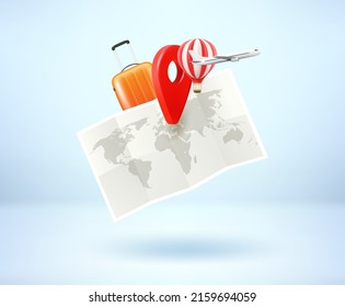 Concepto de viaje con mapa de papel. 3.ª ilustración vectorial
