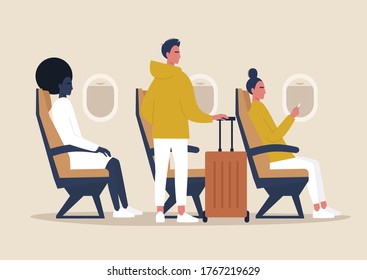 Travel concept, passengers on board, a side view of an airplane cabin