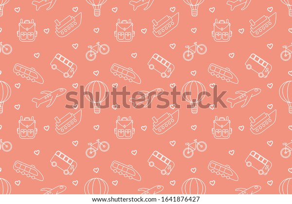 Travel concept\
pattern, seamless vector pattern. White hand drawn travel icons\
isolated on light orange background. Backdrop, wallpaper, wrapping\
paper, decor, textile\
idea.