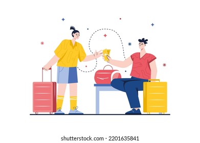Travel concept with people scene in the flat cartoon style. Two friends with suitcase are waiting for the plane to fly to travel. Vector illustration.
