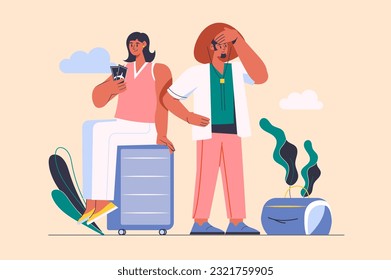 Travel concept with people scene in the flat cartoon design. The couple is preparing to go on a trip. Vector illustration.