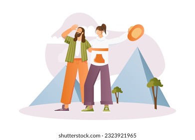 Travel concept with people scene in the flat cartoon style. Friends are traveling in Egypt and inspecting the pyramids. Vector illustration.
