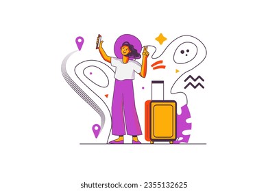 Travel concept with people scene in the flat cartoon design. The girl takes a selfie in memory and goes on a trip. Vector illustration.