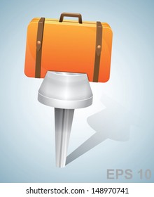 Travel concept: pin with suitcase. Vector illustration