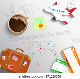 Travel concept. The plane, cup of coffee, baggage and tickets with the schematical image of the Eiffel Tower, Big Ben, the Egyptian pyramids and world maps.