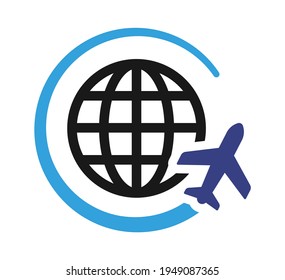 Travel concept. Plane flying around earth vector sign icon. Tourism illustration.