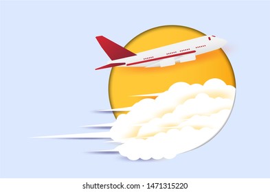 Travel concept Planes that are flying to travel destinations Blue background with clouds In the form of paper art.