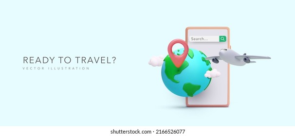 Travel concept poster in 3d realistic style with phone, planet, pointer, plain, clouds. Vector illustration svg