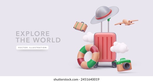 Travel concept poster in 3d realistic style with clouds, suitcase, hat, camera, airplane, lifebuoy. Vector illustration