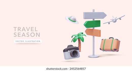 Travel concept poster in 3d realistic style with suitcase, palm tree, hat, camera, airplane, pointer. Vector illustration