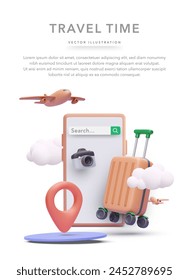 Travel concept poster in 3d realistic style with phone, search bar, suitcase, palm tree, clouds, camera, airplane, pin. Vector illustration