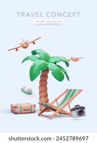 Cartel de concepto de viaje en estilo realista 3d con silla, maleta, palmera, sombrero, cámara, avión. Ilustración vectorial