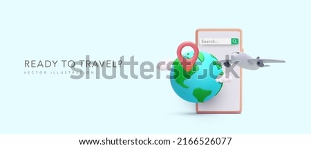 Travel concept poster in 3d realistic style with phone, planet, pointer, plain, clouds. Vector illustration