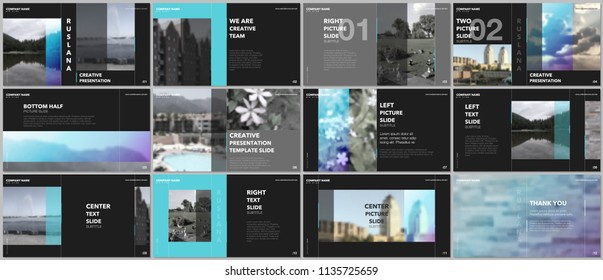 Travel concept presentations design, portfolio vector templates with graphic elements on black. Multipurpose template for presentation slide, flyer leaflet, brochure cover, report, advertising.