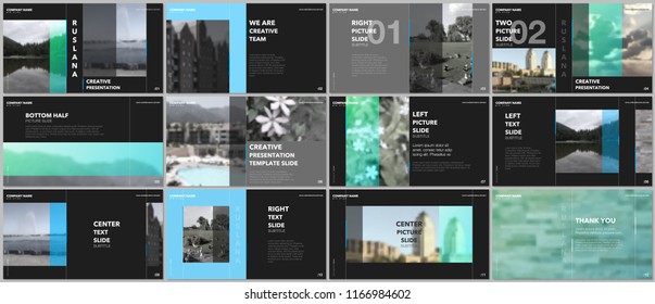 Travel concept presentations design, portfolio vector templates with graphic elements on black. Multipurpose template for presentation slide, flyer leaflet, brochure cover, report, advertising