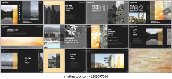 Travel concept presentations design, portfolio vector templates with graphic elements on black. Multipurpose template for presentation slide, flyer leaflet, brochure cover, report, advertising.