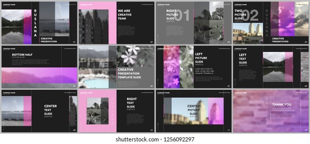 Travel concept presentations design, portfolio vector templates with graphic elements on black. Multipurpose template for presentation slide, flyer leaflet, brochure cover, report, advertising