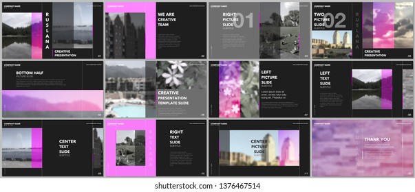 Travel concept presentations design, portfolio vector templates with graphic elements on black. Multipurpose template for presentation slide, flyer leaflet, brochure cover, report, advertising.