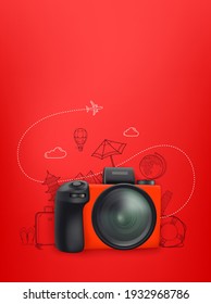 Travel concept with red camera and doodle elements. Vertical illustration with copy space
