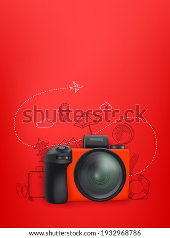 Travel concept with red camera and doodle elements. Vertical illustration with copy space
