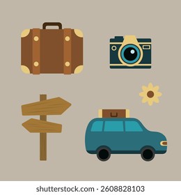 Travel concept with road trip. Trip planning world tour concept illustrations set. Summer vacation car, luggages, camera, flower and wood road sign.
