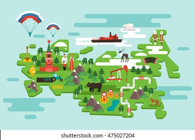 Travel concept Russia. National symbols, national costumes. Famous attractions of the country. Vector infographics in flat style