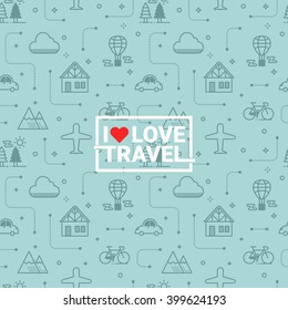 Travel concept seamless orange background with transportation icons and i love travel word