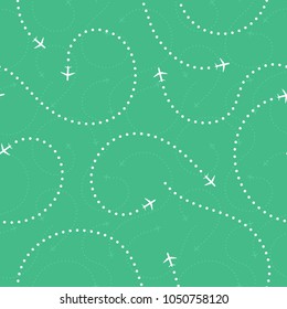 Travel concept seamless pattern. Abstract airplane routes. Travel and tourism seamless background with dotted airplane routes. Vector